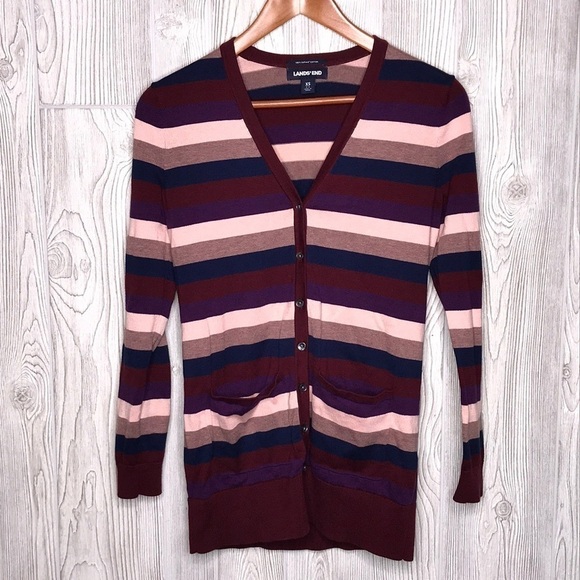 Lands' End Stripped Button Cotton Cardigan - Picture 1 of 10
